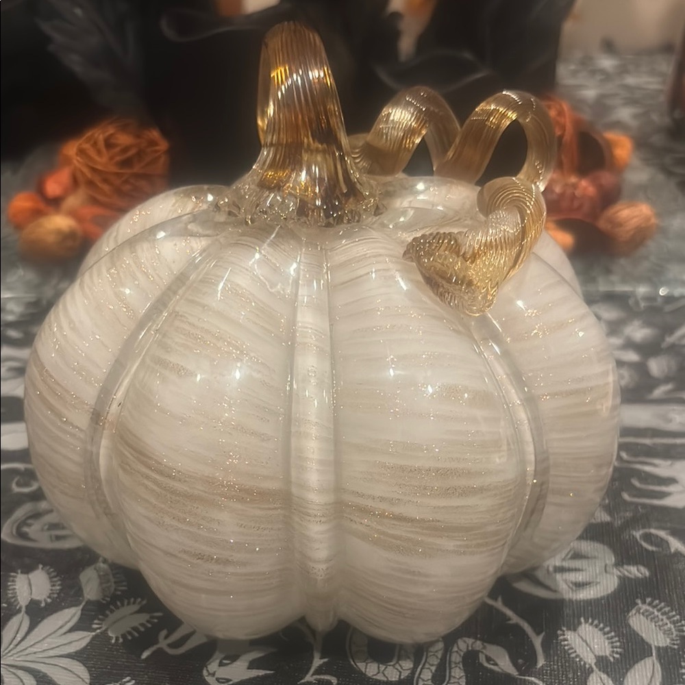 White Glass Pumpkin With Shimmer Gold Accents